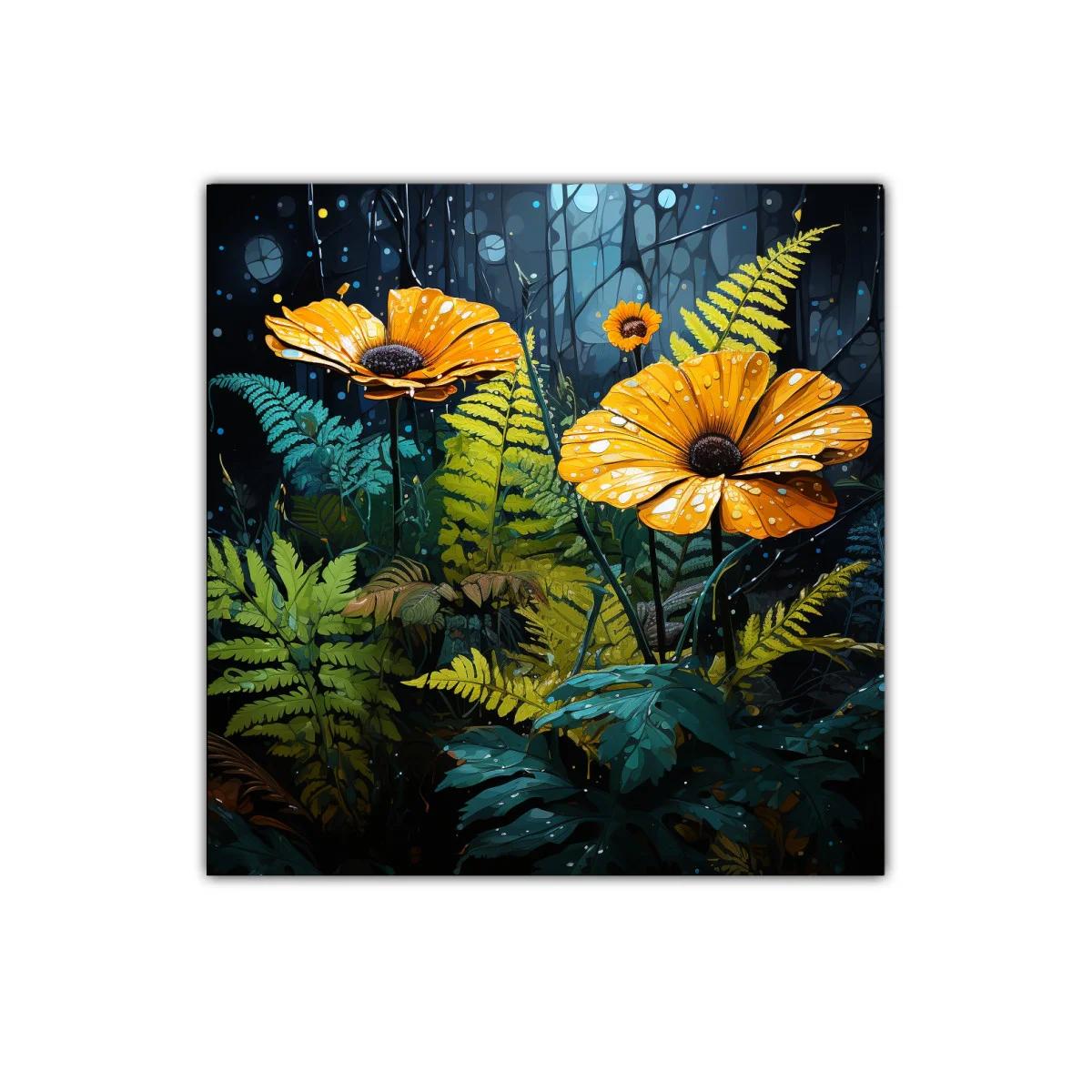 Flores amarillas en bosque oscuro con gotas de rocío — imagen principal