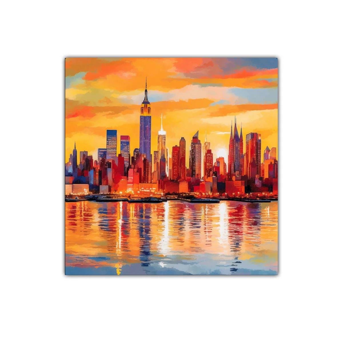 Atardecer vibrante sobre skyline urbano con reflejos dorados
