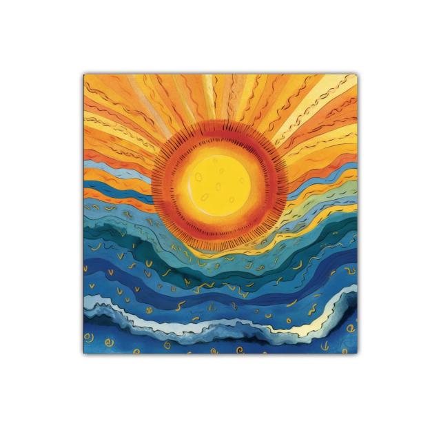Arte abstracto con sol radiante y olas ondulantes