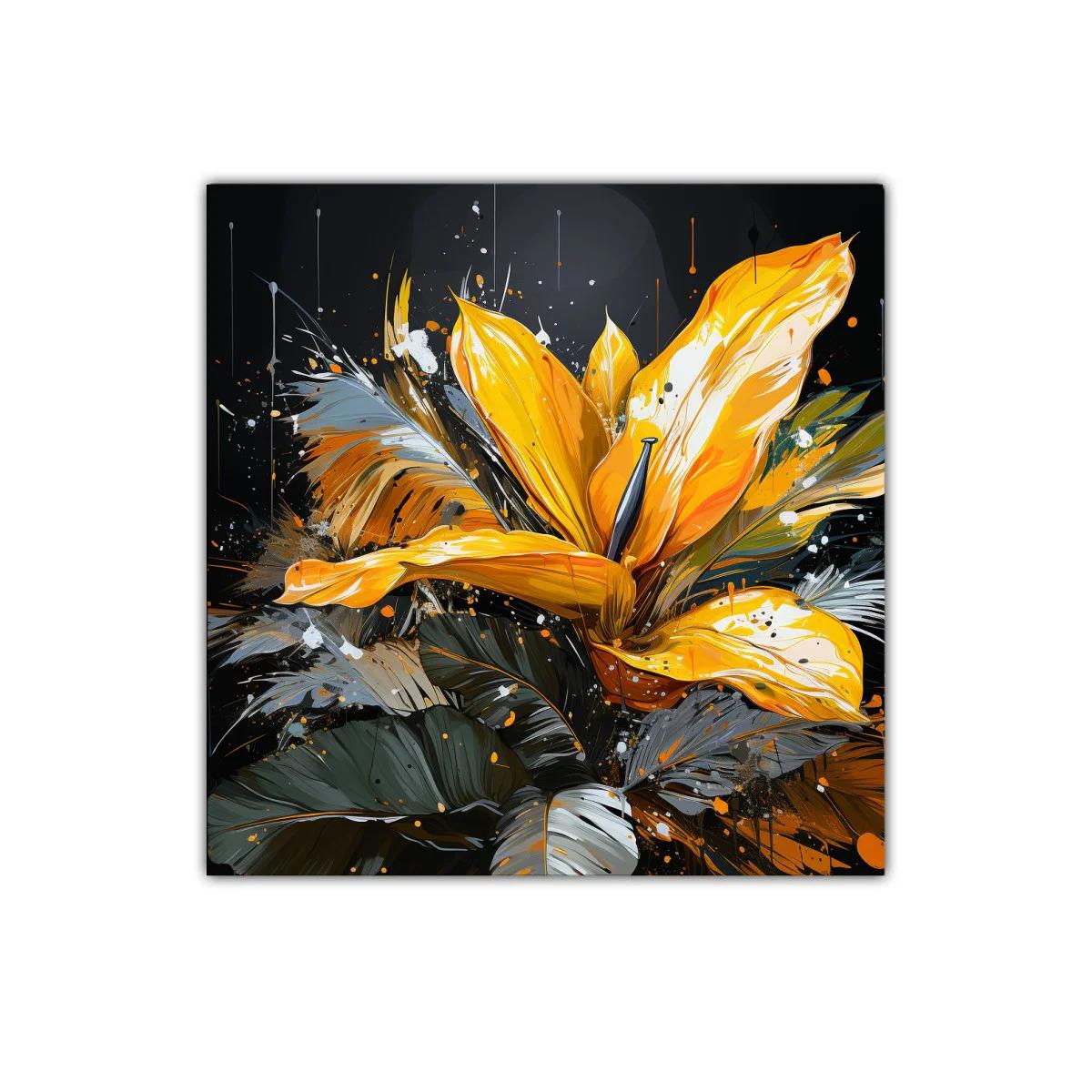 Cuadro vibrante con flor amarilla y hojas en tonos oscuros — imagen principal