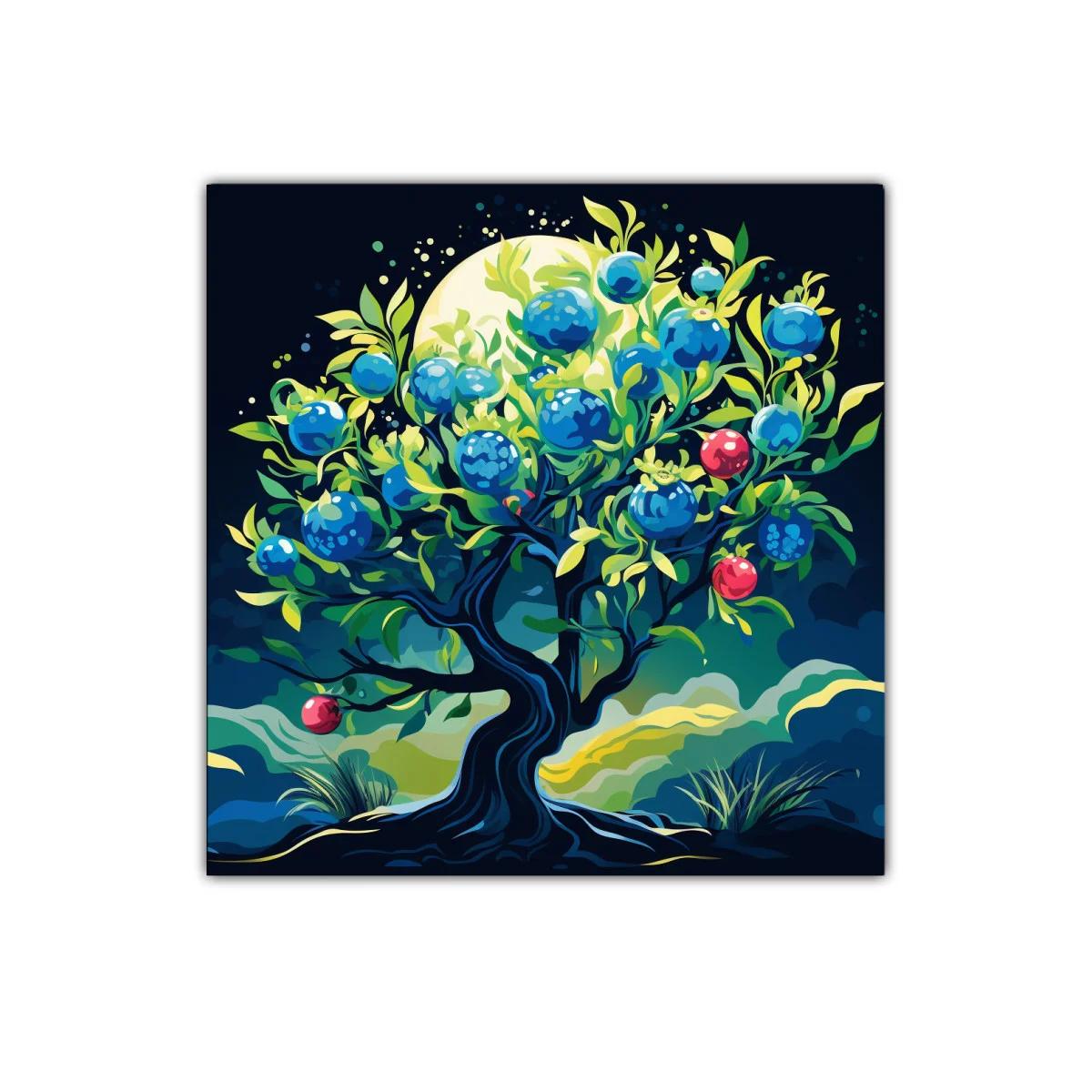 Árbol mágico con frutos azules y rojos en paisaje nocturno — imagen principal