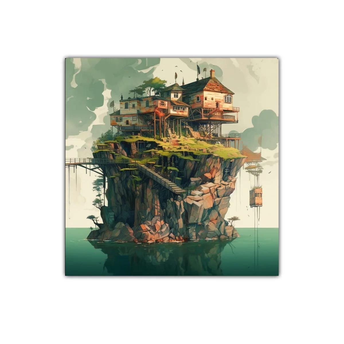 Paisaje surrealista con casas sobre acantilado rocoso — imagen principal