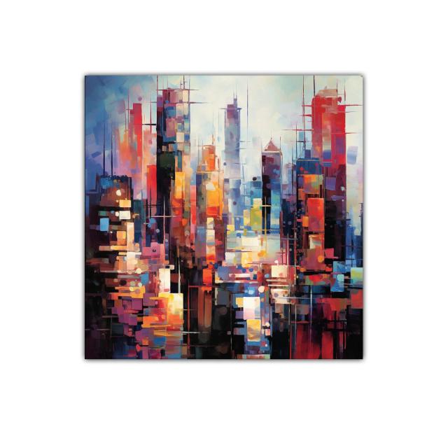 Ciudad vibrante con tonos cálidos y fríos contrastantes