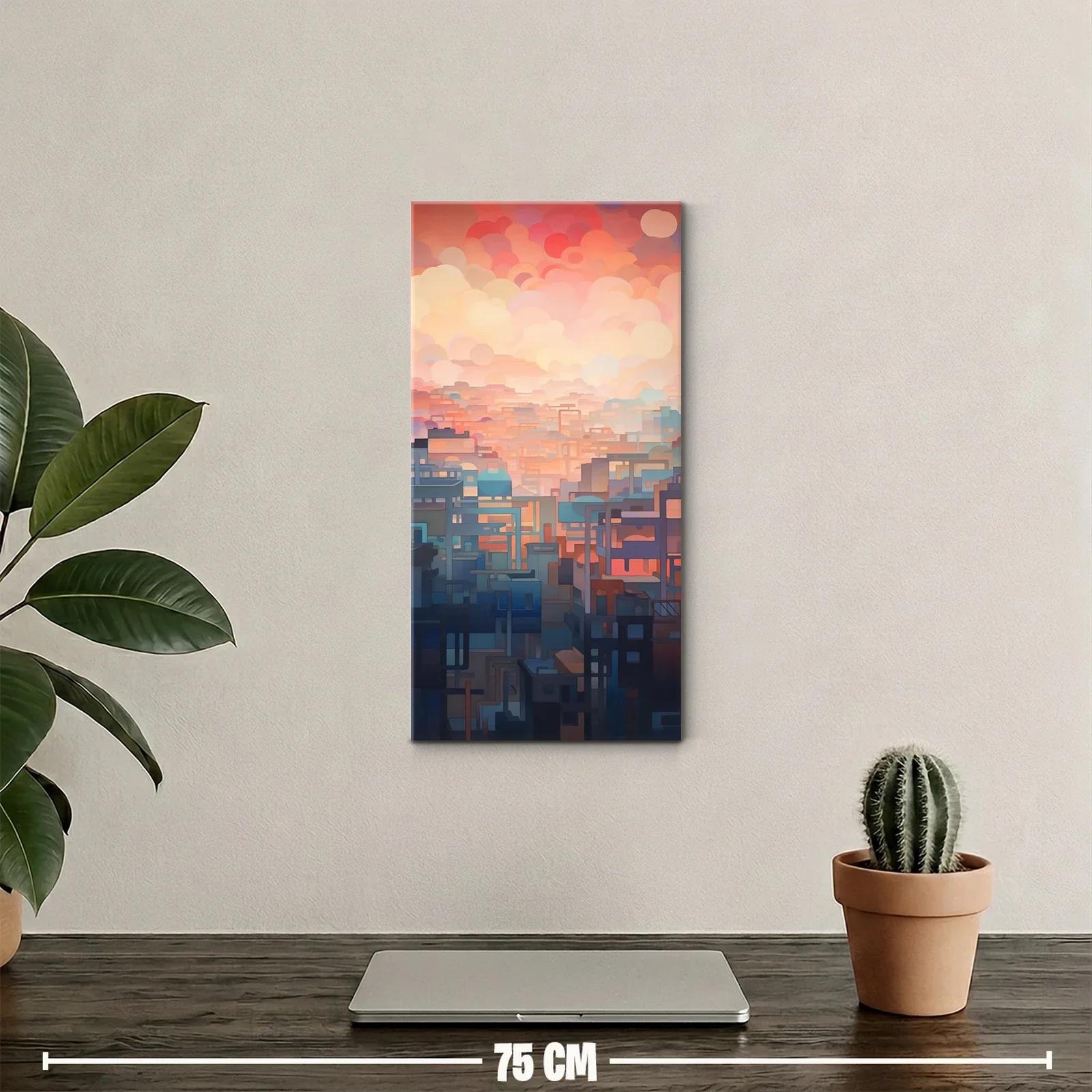 Cuadro ciudad abstracta con edificios rectangulares y cielo brumoso — miniatura 2