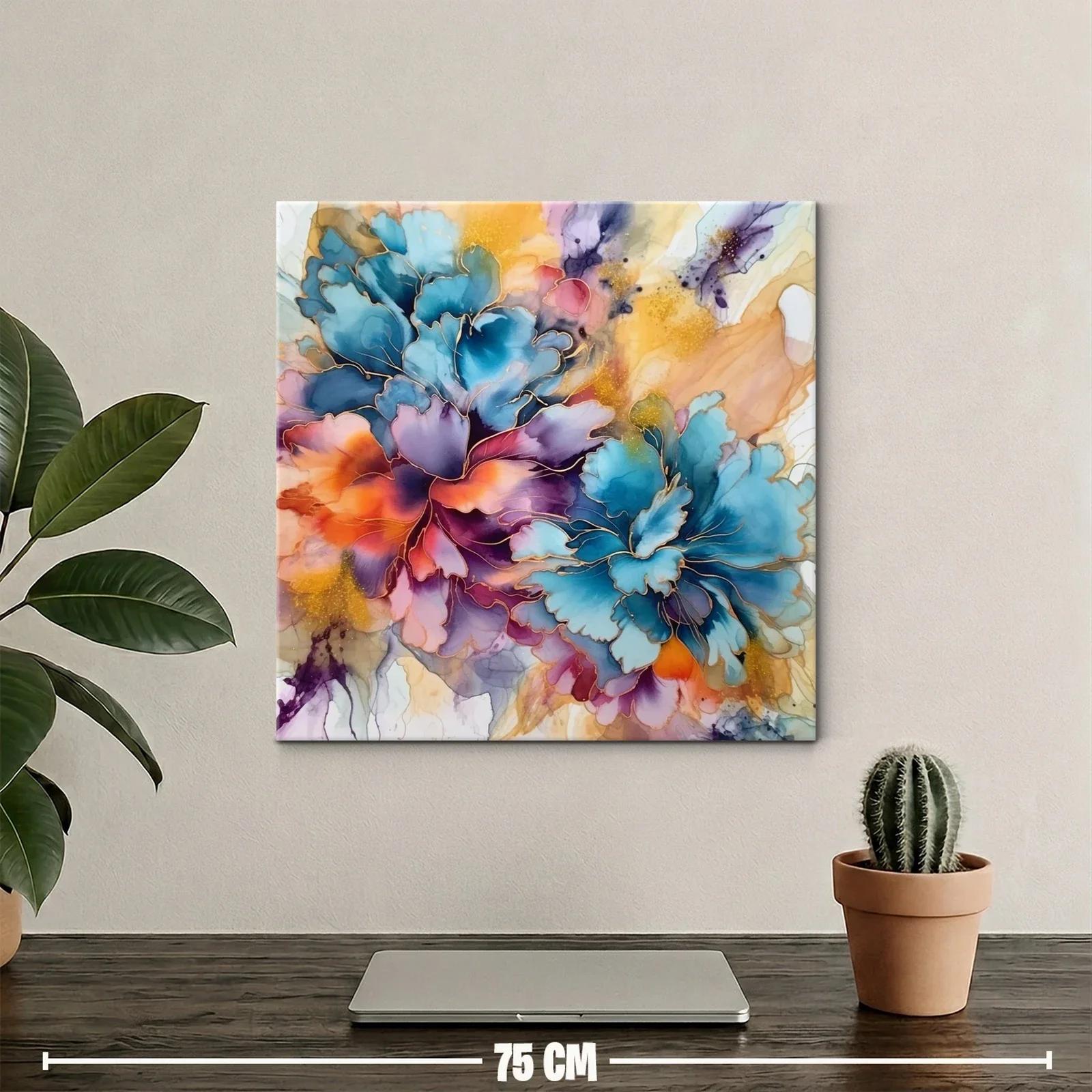 Cuadro floral vibrante con tonos azul y naranja intensos — miniatura 2