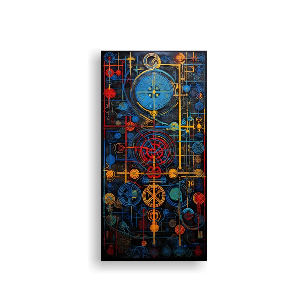 Cuadro mandala geométrica con núcleos circulares y acentos de color