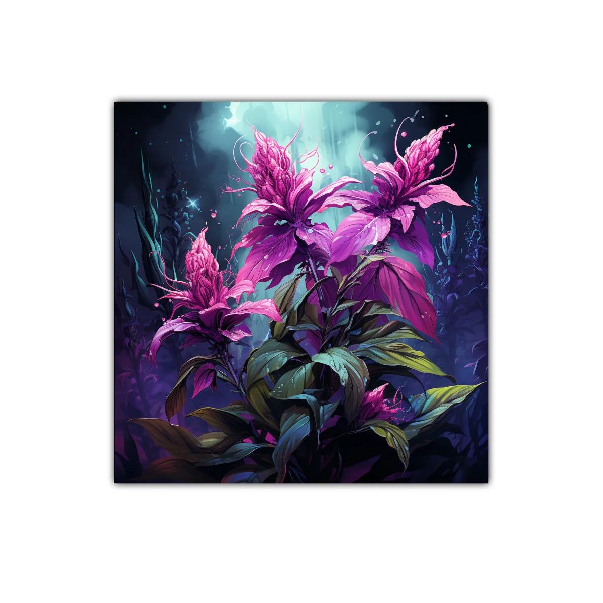 Flores vibrantes en tonos morados y verdes en ambiente nocturno — imagen principal