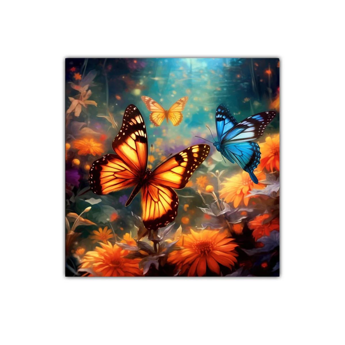 Mariposas vibrantes entre flores en un jardín encantado