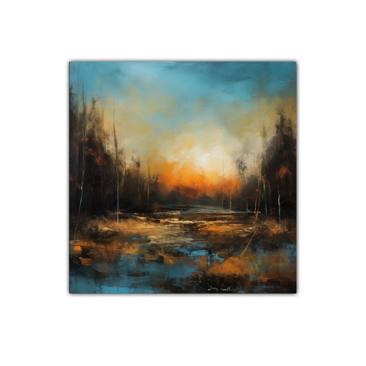 Paisaje abstracto con atardecer y tonos cálidos y fríos