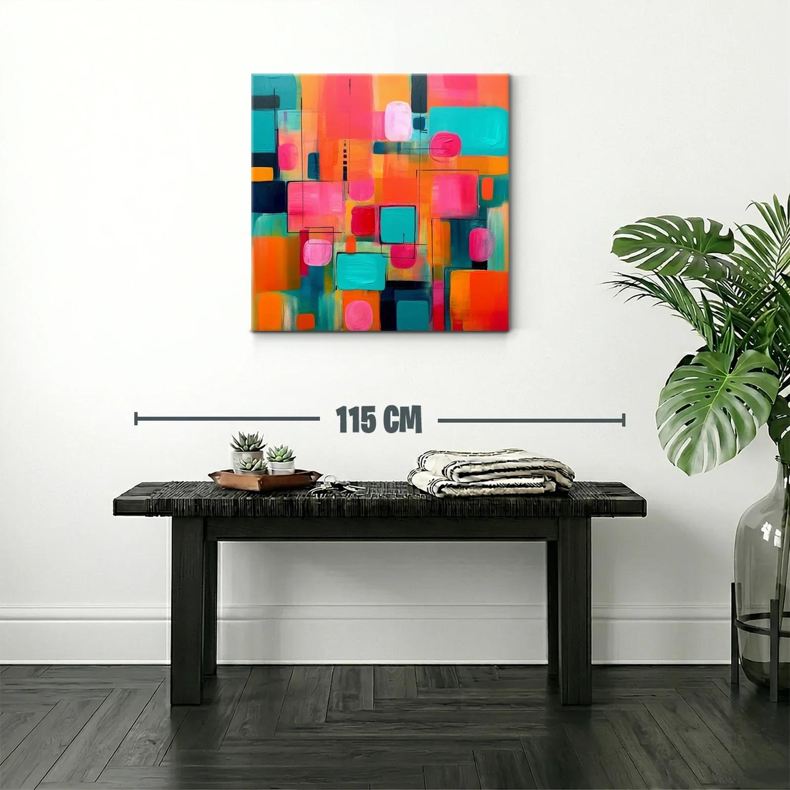 Cuadro abstracto vibrante tonos rosa turquesa y naranja — miniatura 2