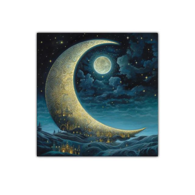 Paisaje nocturno con luna creciente y ciudad dorada