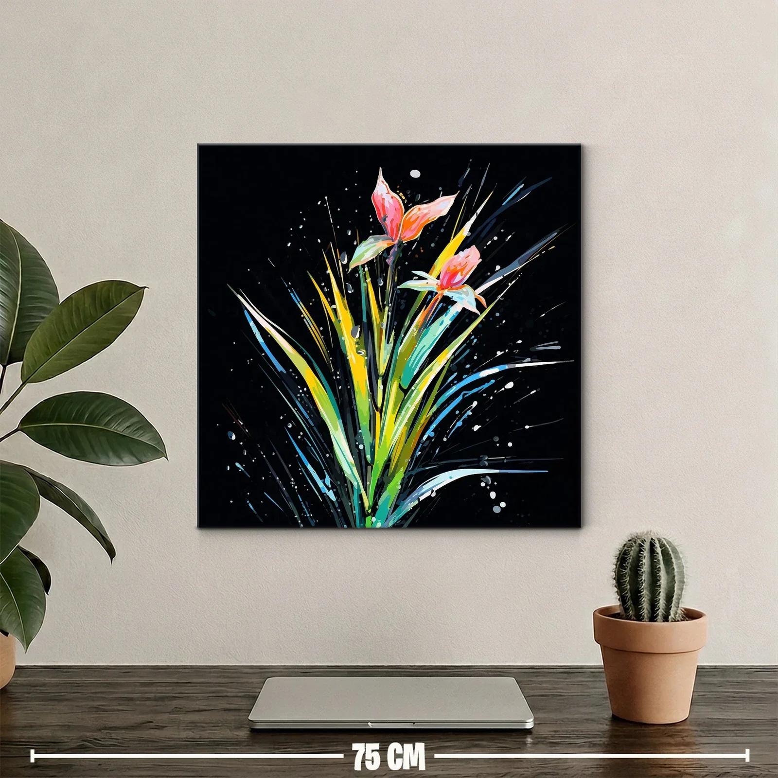 Cuadro moderno con flores vibrantes sobre fondo oscuro — miniatura 2
