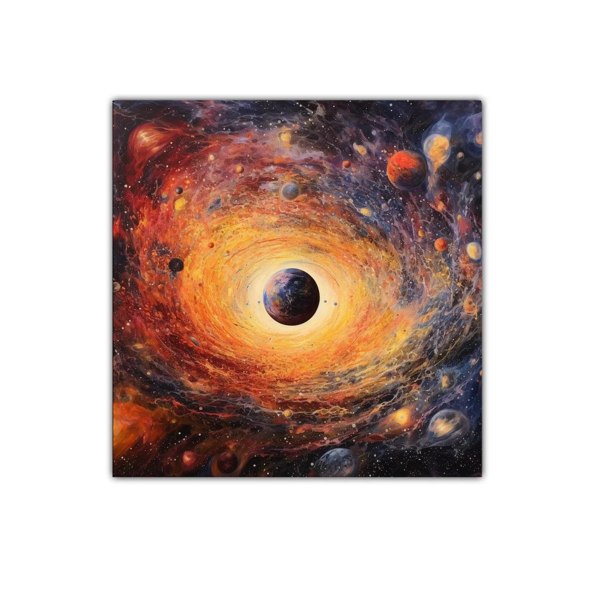 Galaxia luminosa con explosión de planetas y colores vibrantes — imagen principal