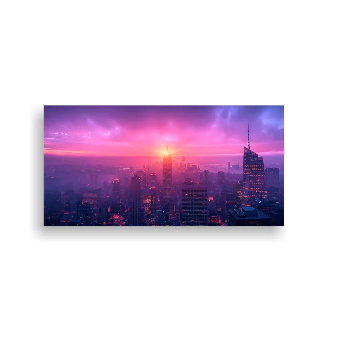 Cuadro skyline urbano al atardecer con horizonte luminoso