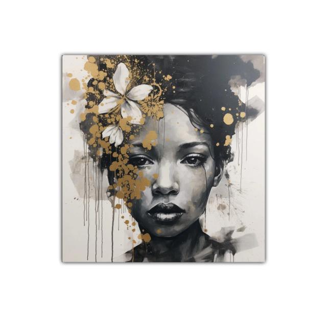 Retrato femenino con detalles dorados y flores blancas