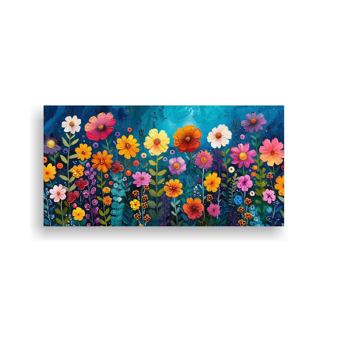 Cuadro campo de flores silvestres sobre fondo azul profundo