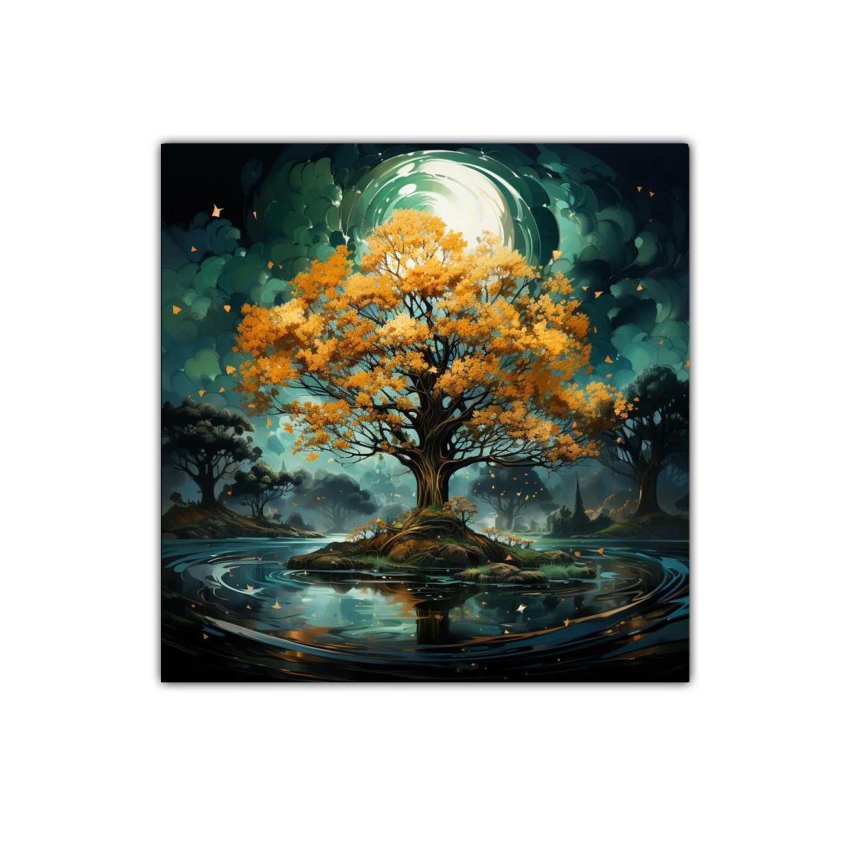 Árbol dorado en isla mágica con reflejos en agua — imagen principal