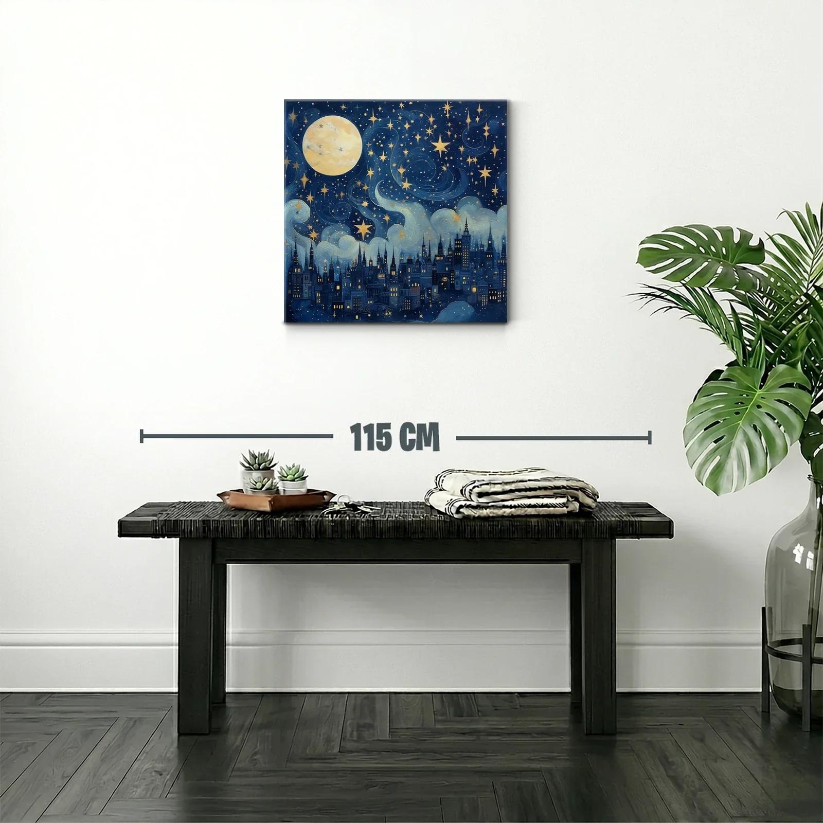 Ciudad nocturna bajo un cielo estrellado con luna llena — miniatura 2