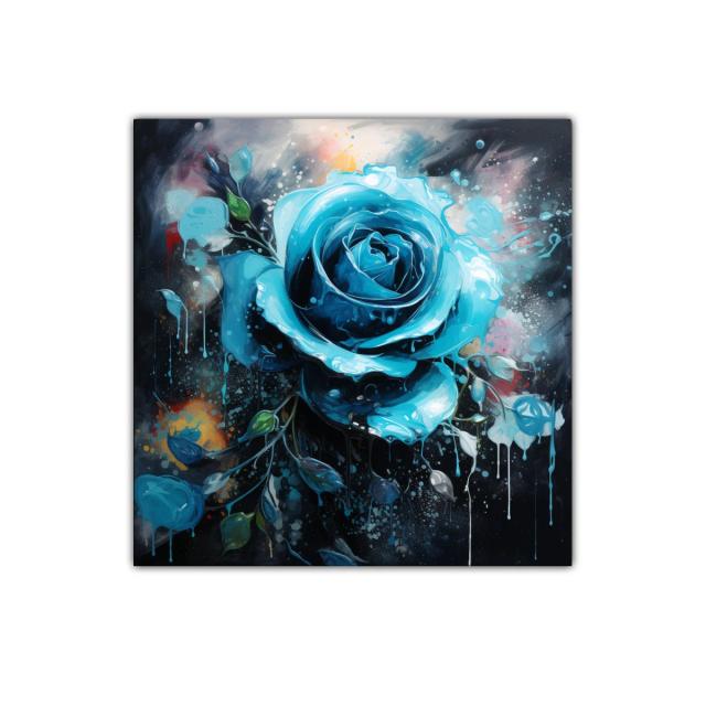 Rosa azul vibrante con efecto dripping y fondo oscuro