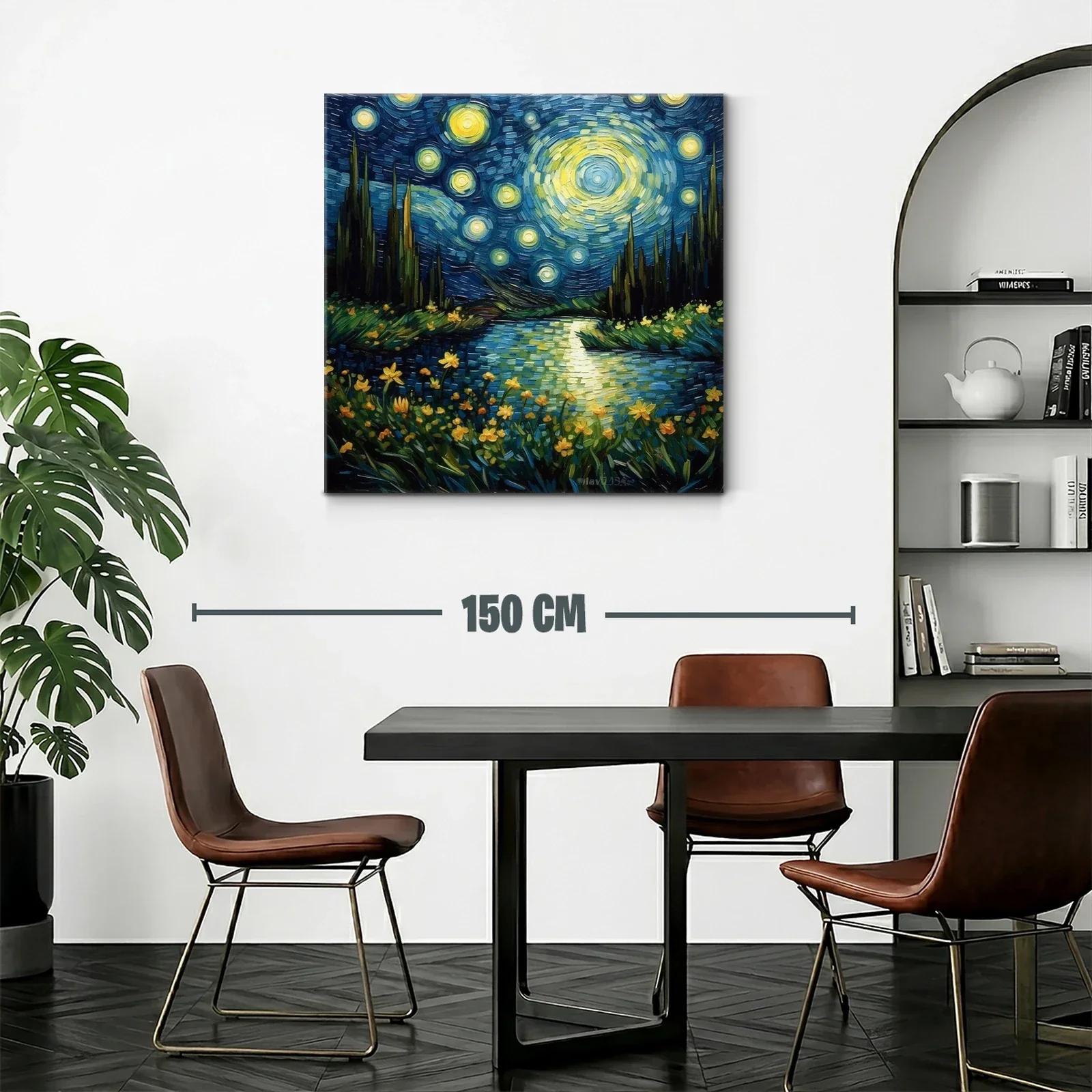 Paisaje nocturno estrellado con flores luminosas y río sereno — miniatura 2