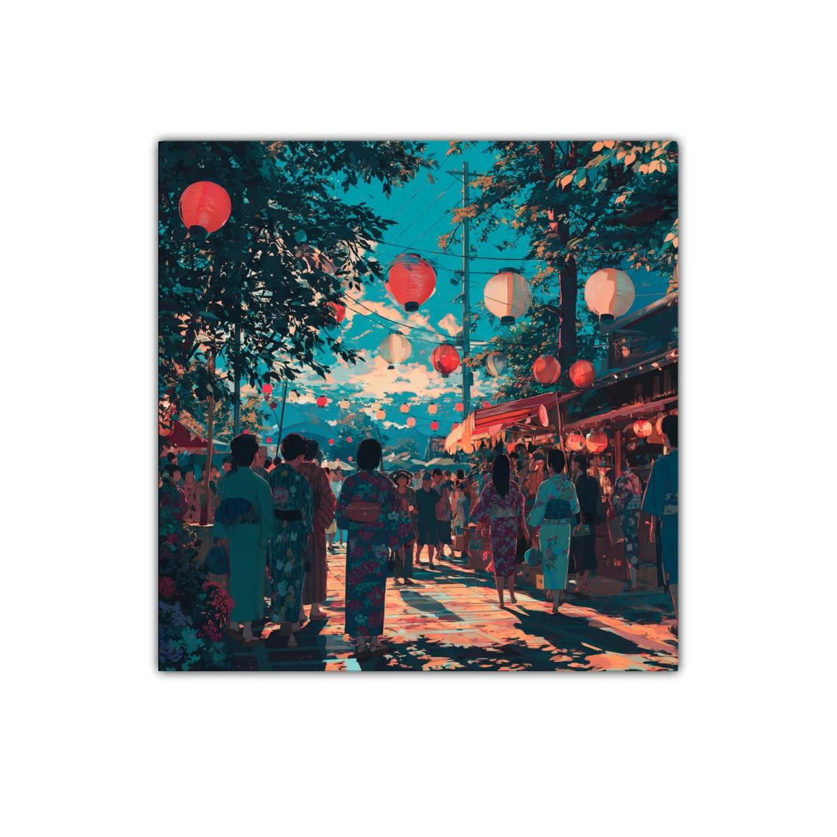 Ambiente festivo con faroles y gente tradicional en calle iluminada