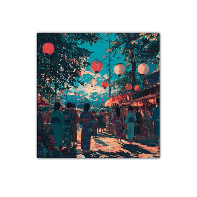 Ambiente festivo con faroles y gente tradicional en calle iluminada