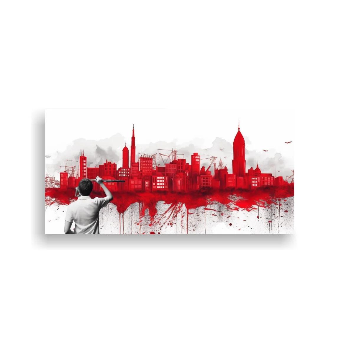 Cuadro skyline urbano rojo con goteos y aviones