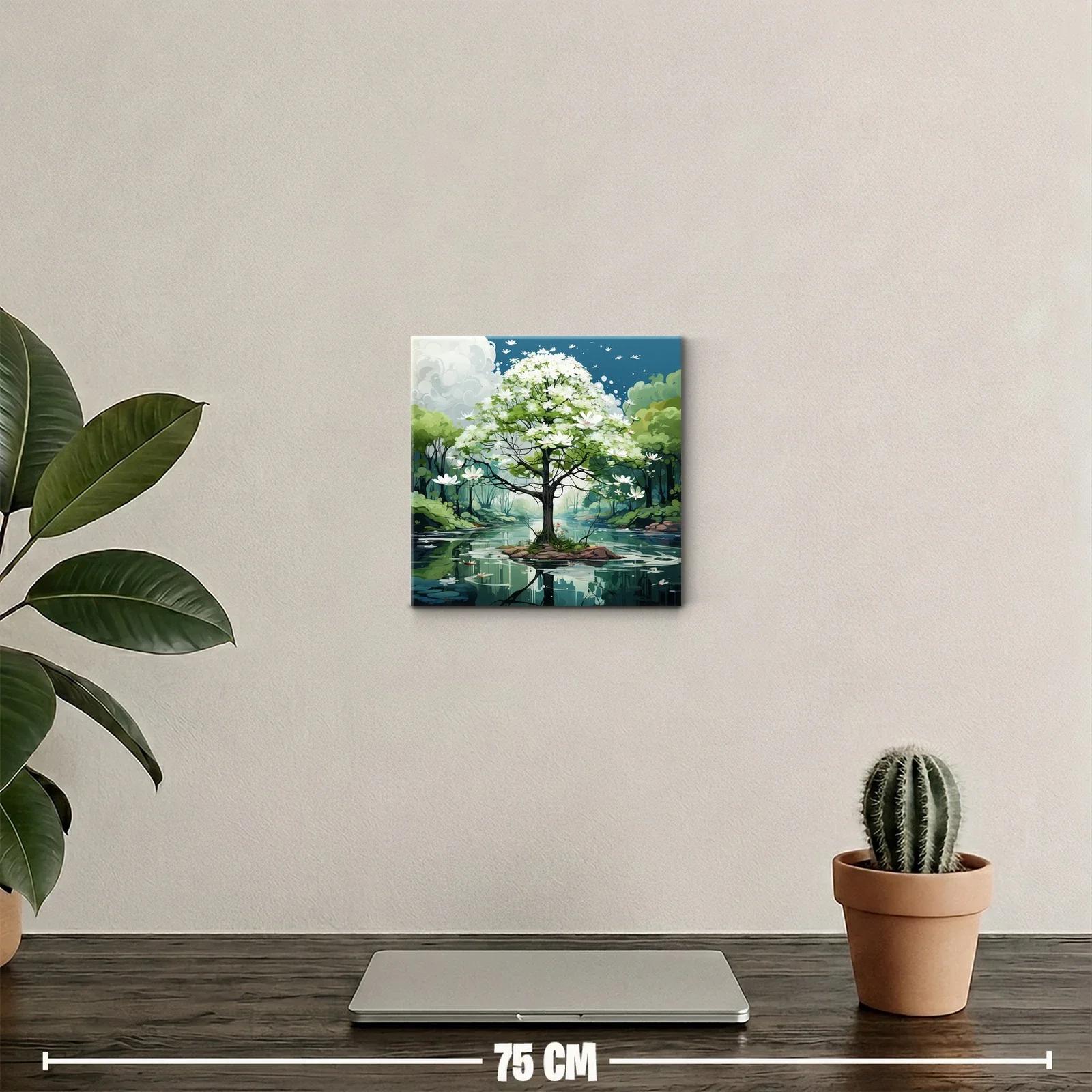 Árbol en flor sobre lago sereno con paisaje natural — miniatura 2