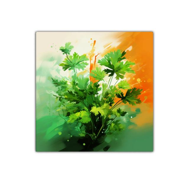 Cuadro decorativo con hojas verdes y fondo vibrante naranja