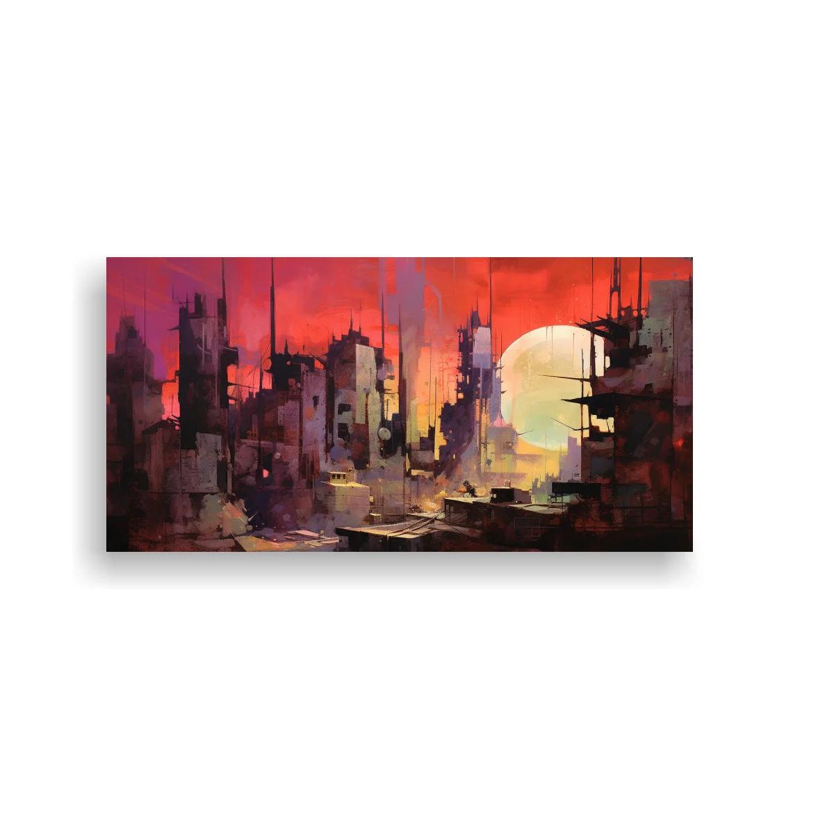 Cuadro ciudad futurista al atardecer con gran sol entre rascacielos