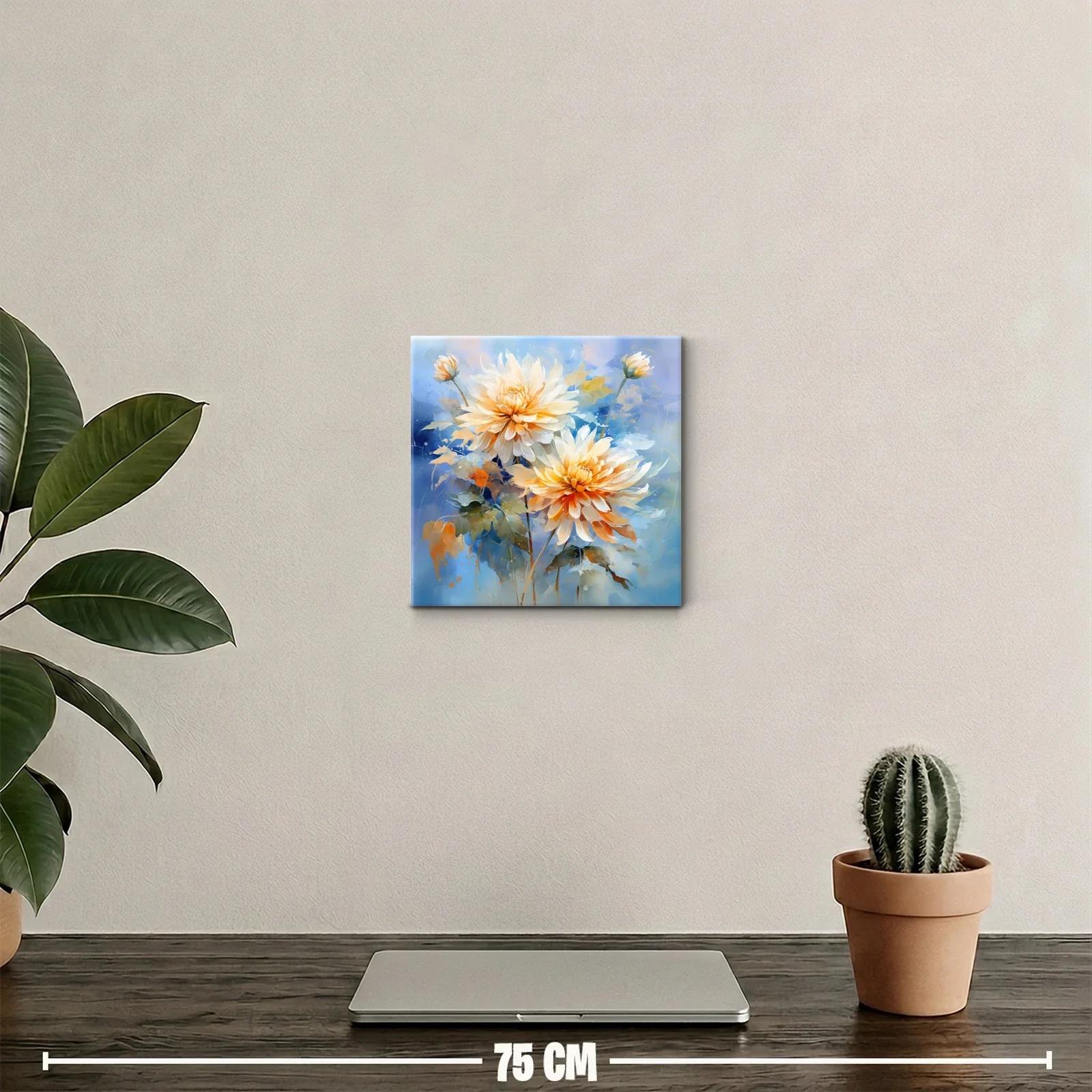Cuadro floral con dalias en tonos cálidos y fondo azul — miniatura 2