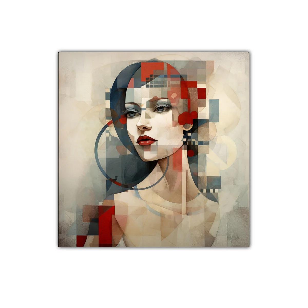 Retrato femenino con formas geométricas en tonos cálidos