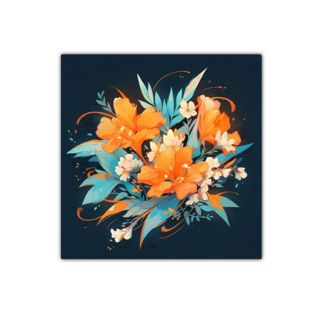 Composición floral vibrante con tonos naranjas y azules