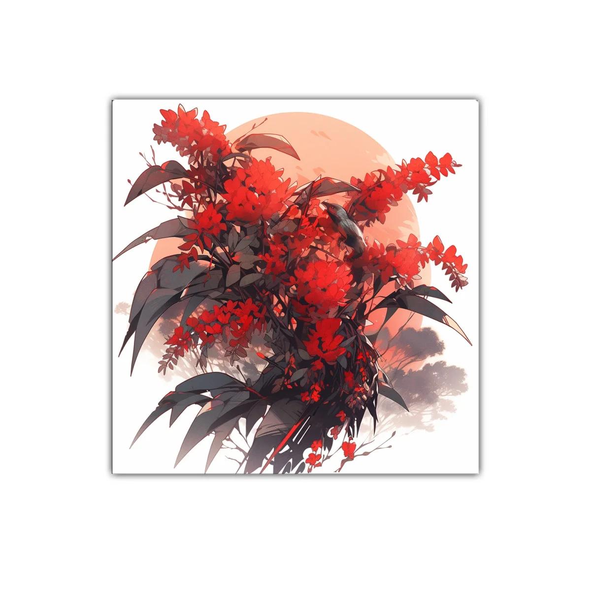 Cuadro floral con aves en tonos rojizos y contraste oscuro — imagen principal