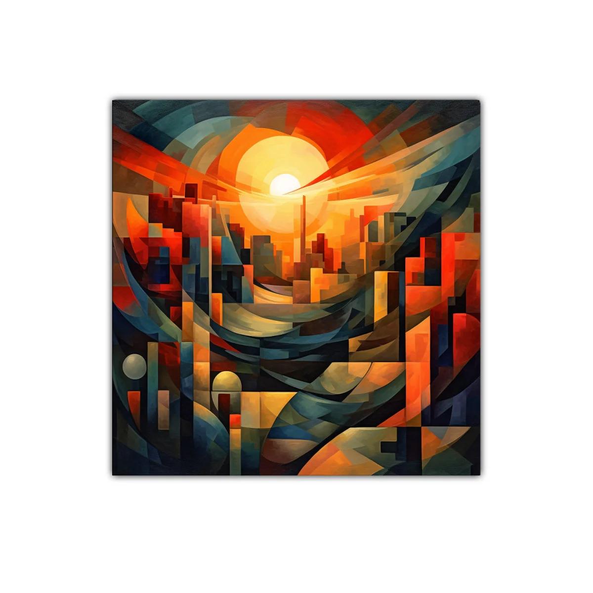Atardecer abstracto con arquitectura geométrica vibrante