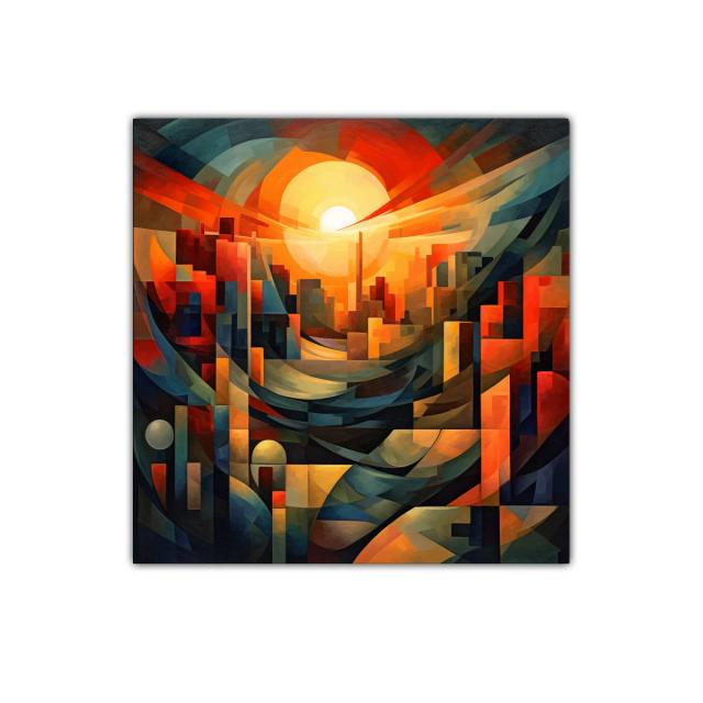 Atardecer abstracto con arquitectura geométrica vibrante