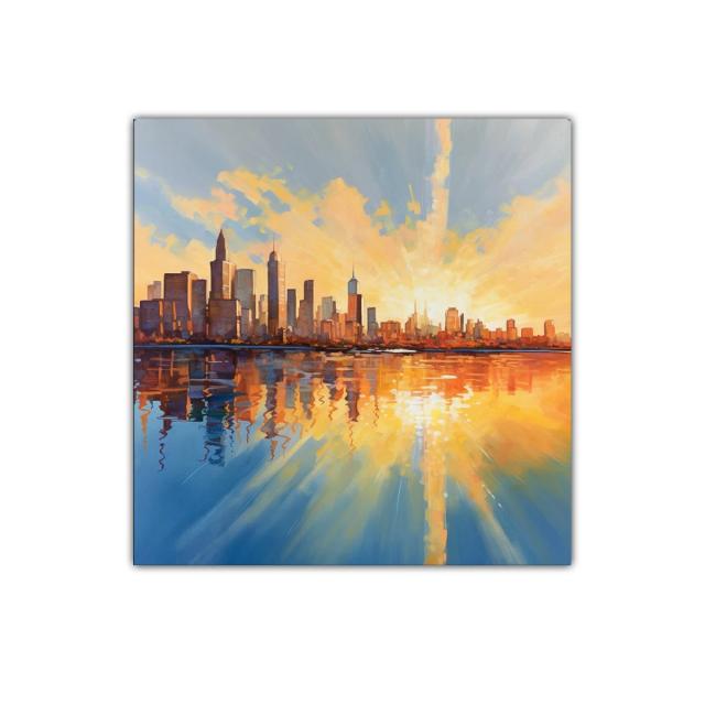 Atardecer vibrante sobre horizonte urbano reflejado en agua