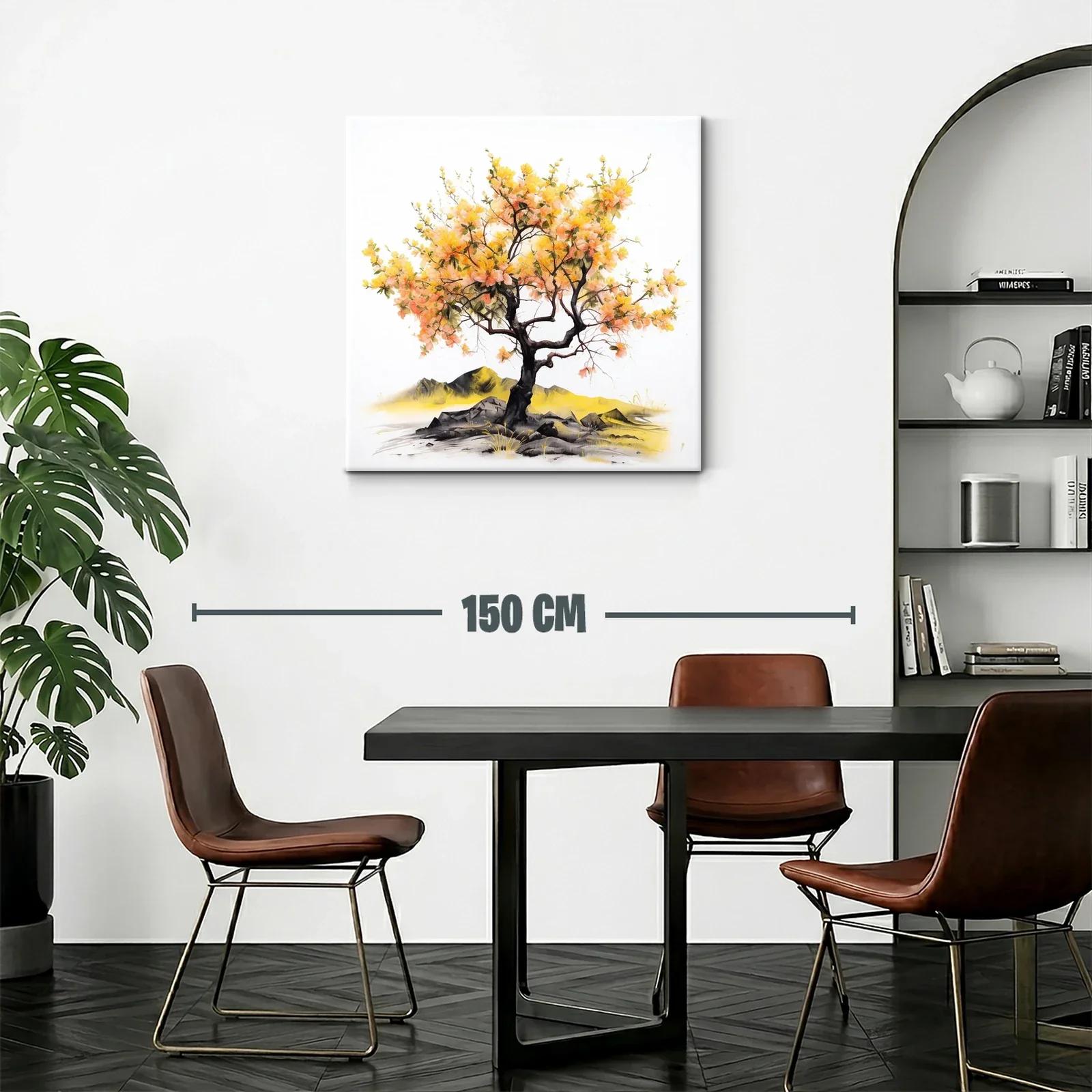Arbol con flores amarillas y naranjas sobre rocas y paisaje — miniatura 2
