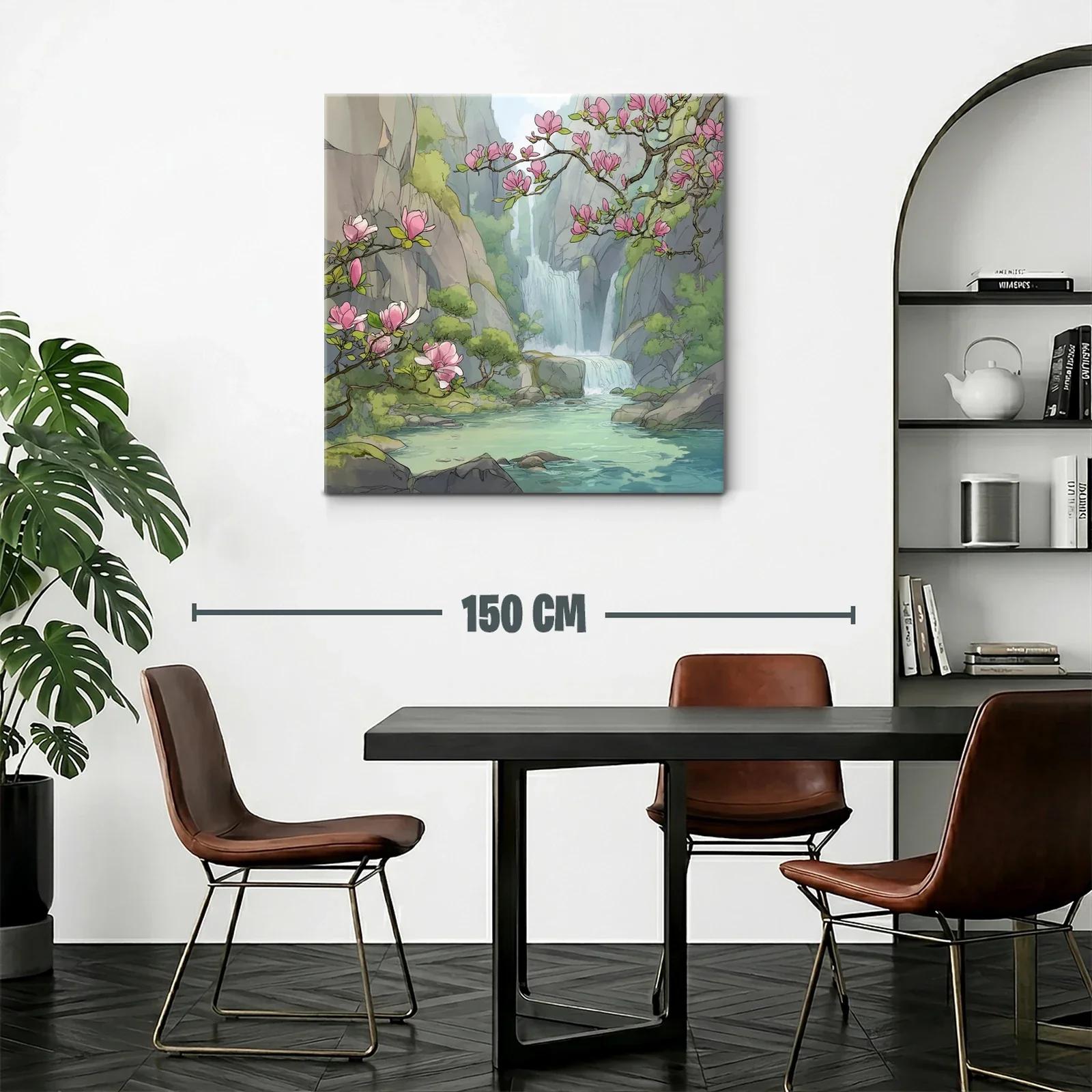 Paisaje sereno con cascada y flores rosadas en ribera — miniatura 2