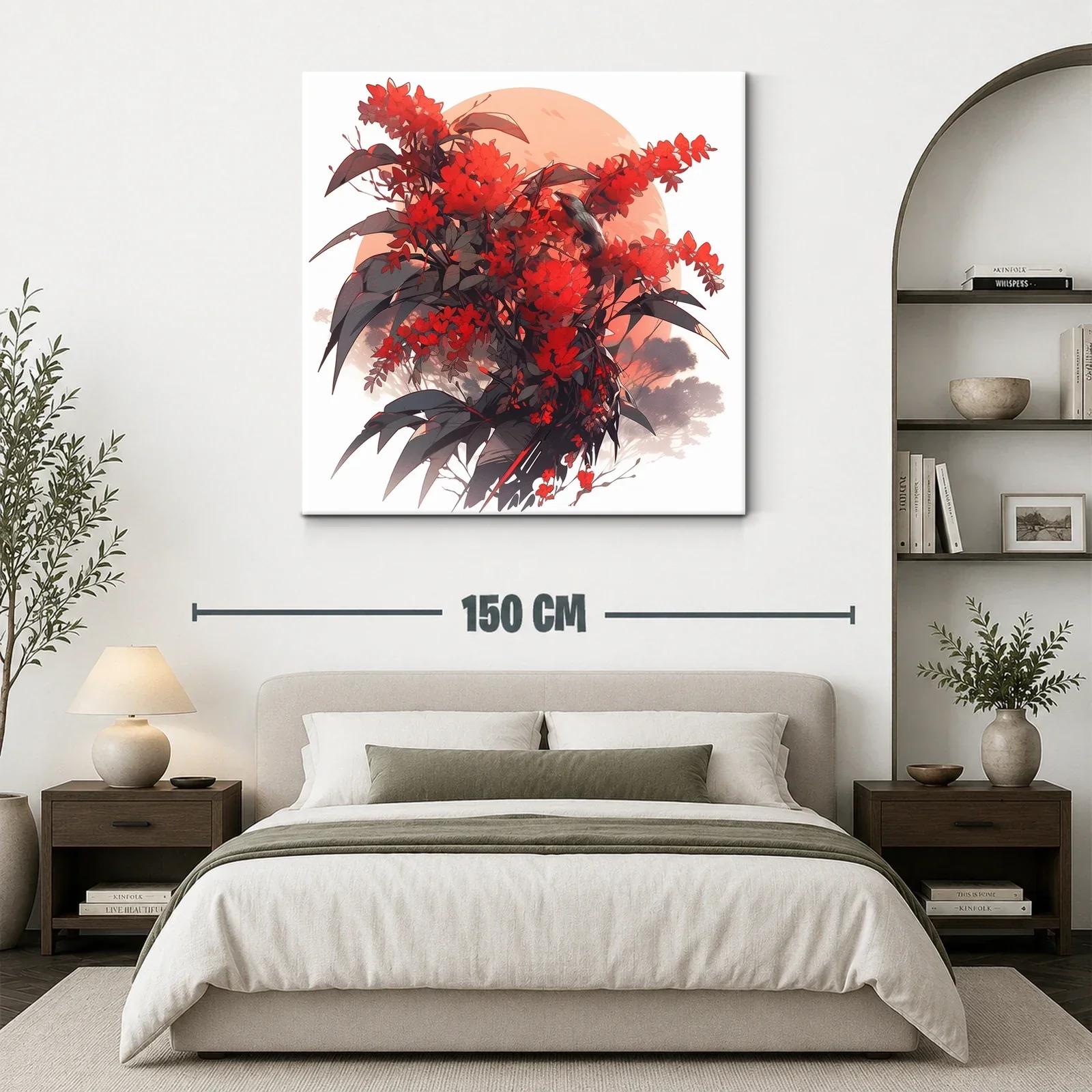 Cuadro floral con aves en tonos rojizos y contraste oscuro — miniatura 3