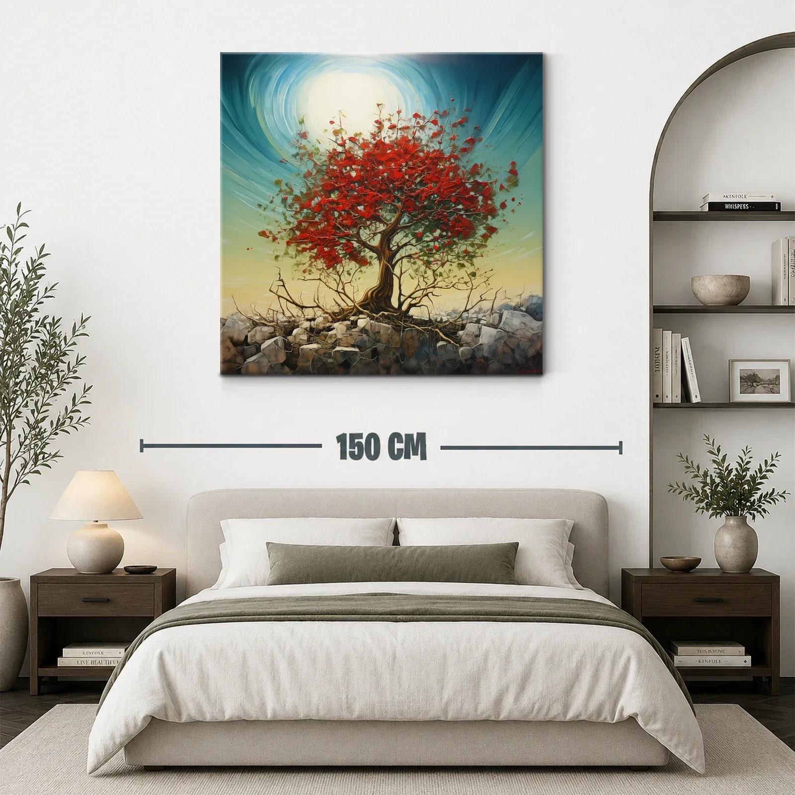 Árbol rojo vibrante sobre rocas con cielo luminoso — miniatura 3