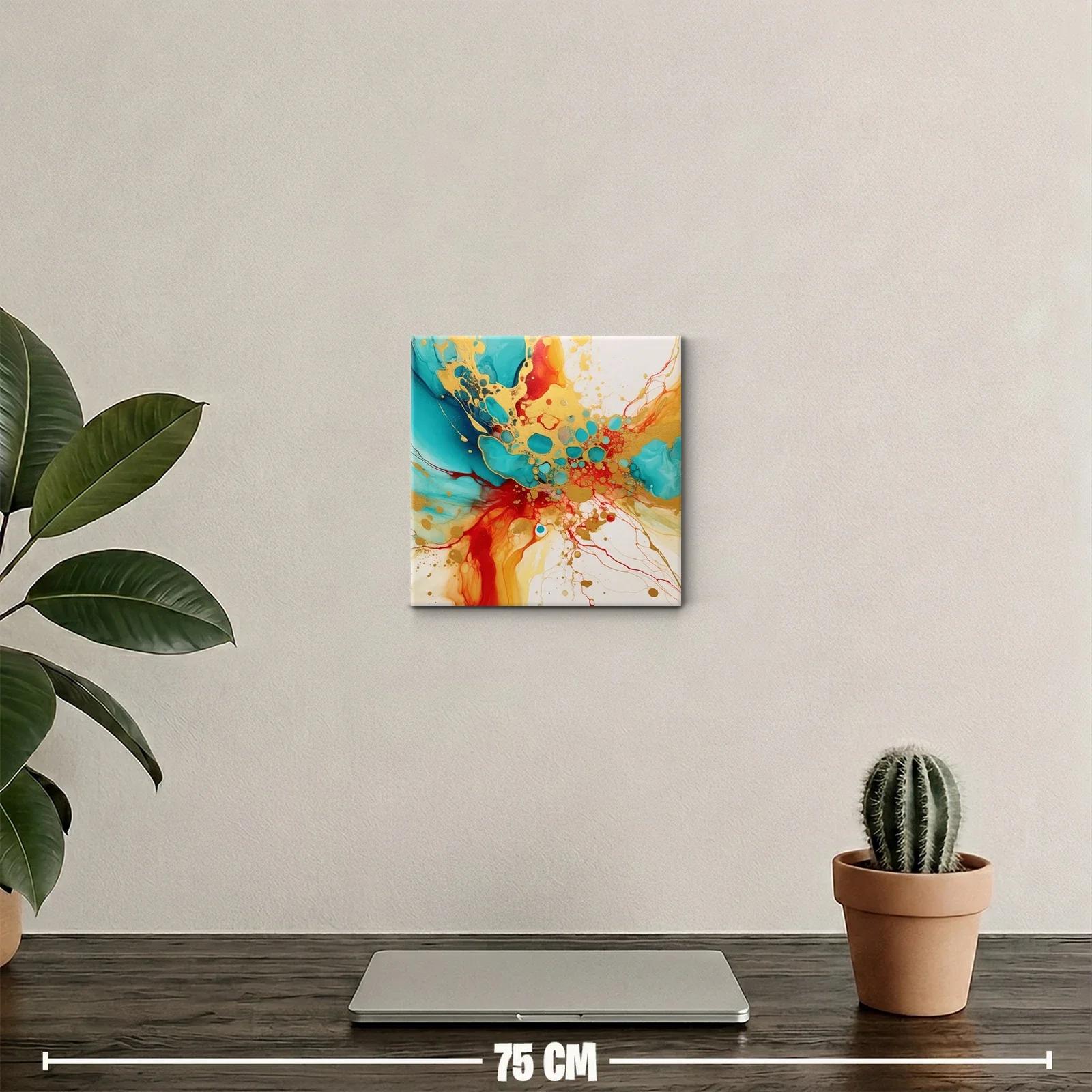Cuadro abstracto con explosión de colores vibrantes dorados y turquesas — miniatura 2