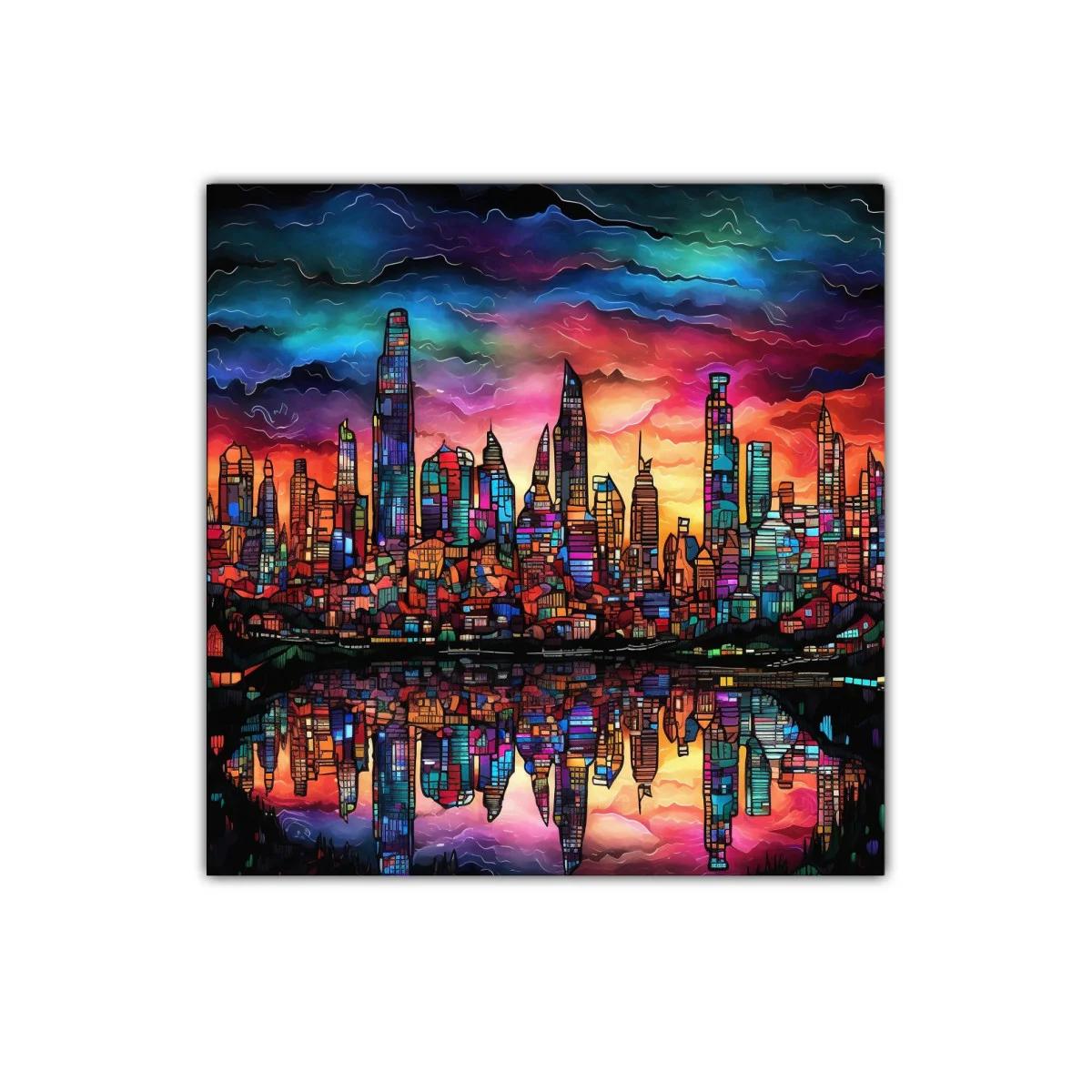 Ciudad nocturna vibrante con reflejos de luces multicolor