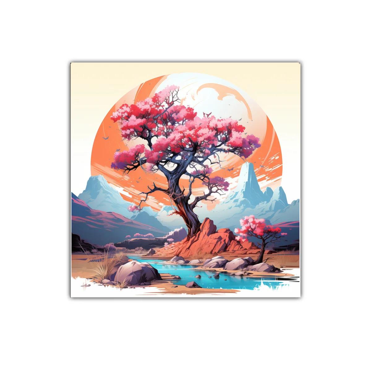 Árbol rosa en paisaje de montaña con río sereno — imagen principal