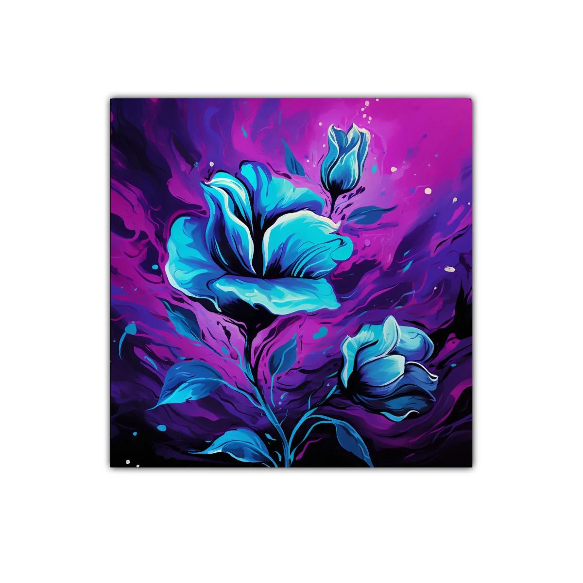 Flores azules vibrantes sobre fondo púrpura dinámico — imagen principal