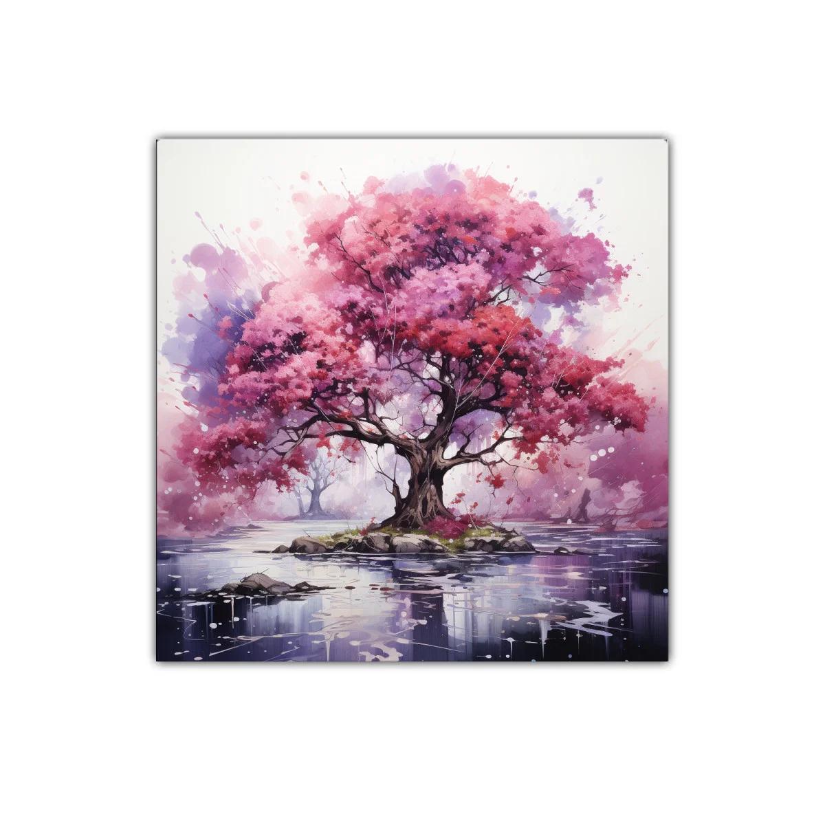 Árbol rosa vibrante sobre isla en lago sereno — imagen principal