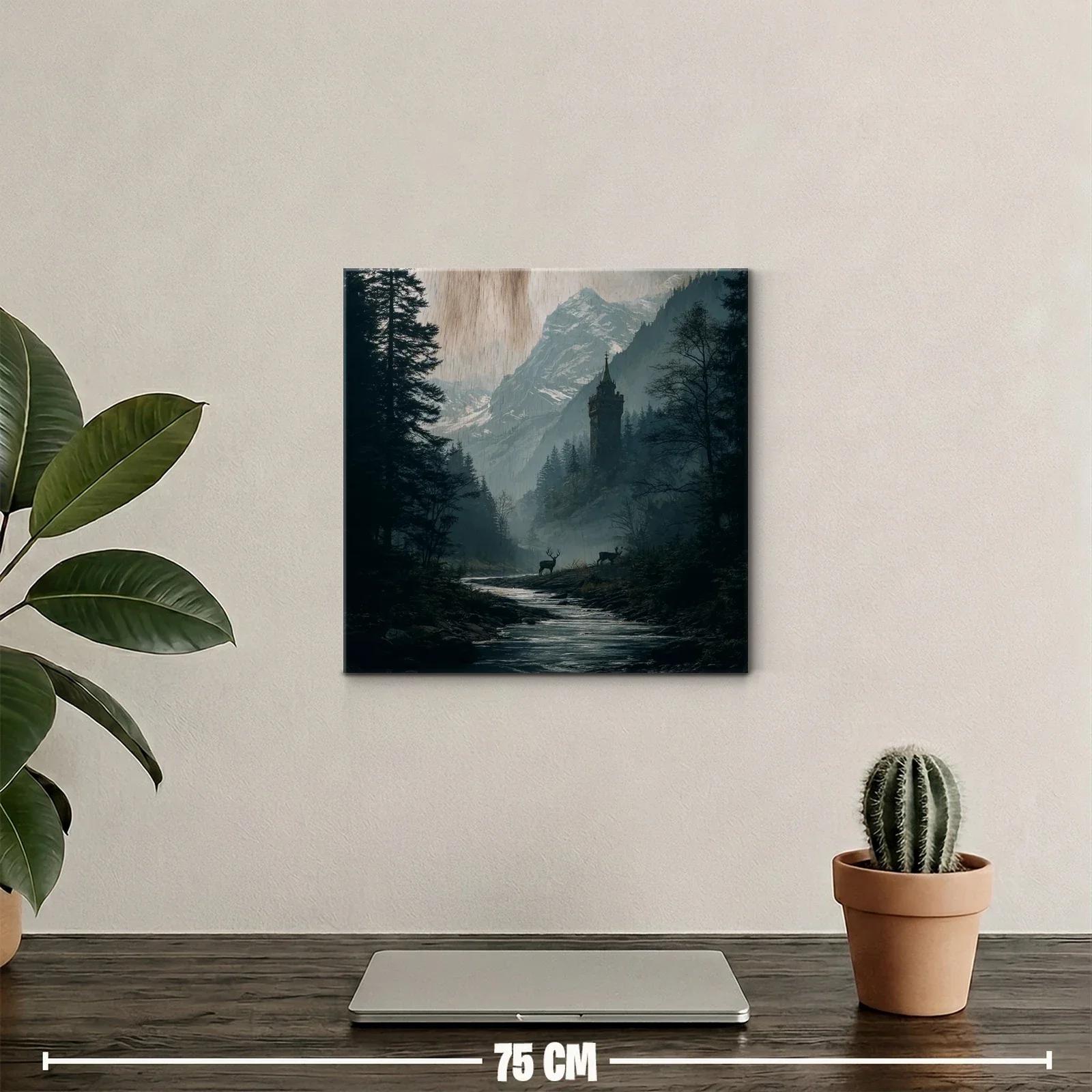 Paisaje montañoso con torre mística y ciervos al amanecer — miniatura 2