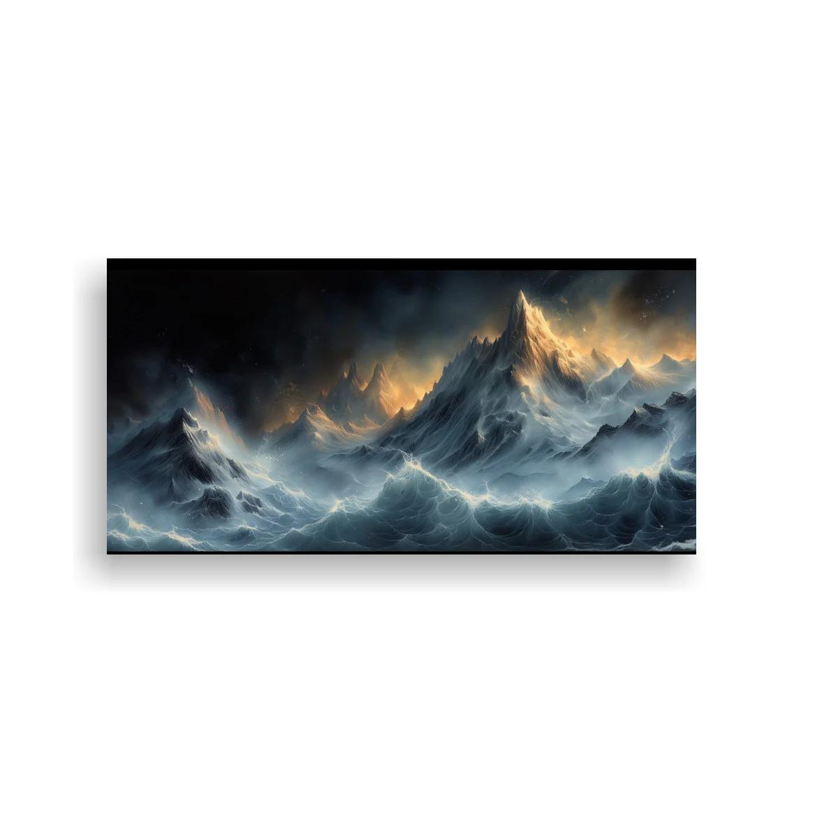 Cuadro cordillera nevada con niebla y cielo dramático — imagen principal
