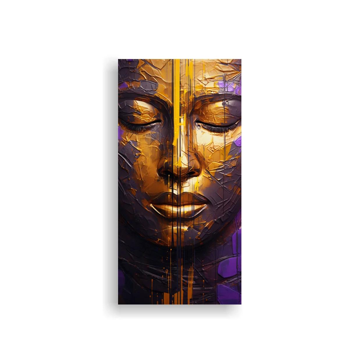 Cuadro rostro de Buda con líneas doradas verticales