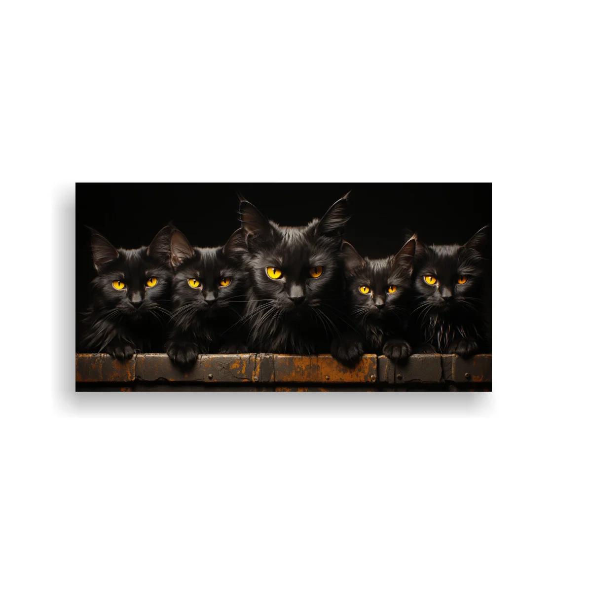 Cuadro grupo de gatos negros sobre tablones